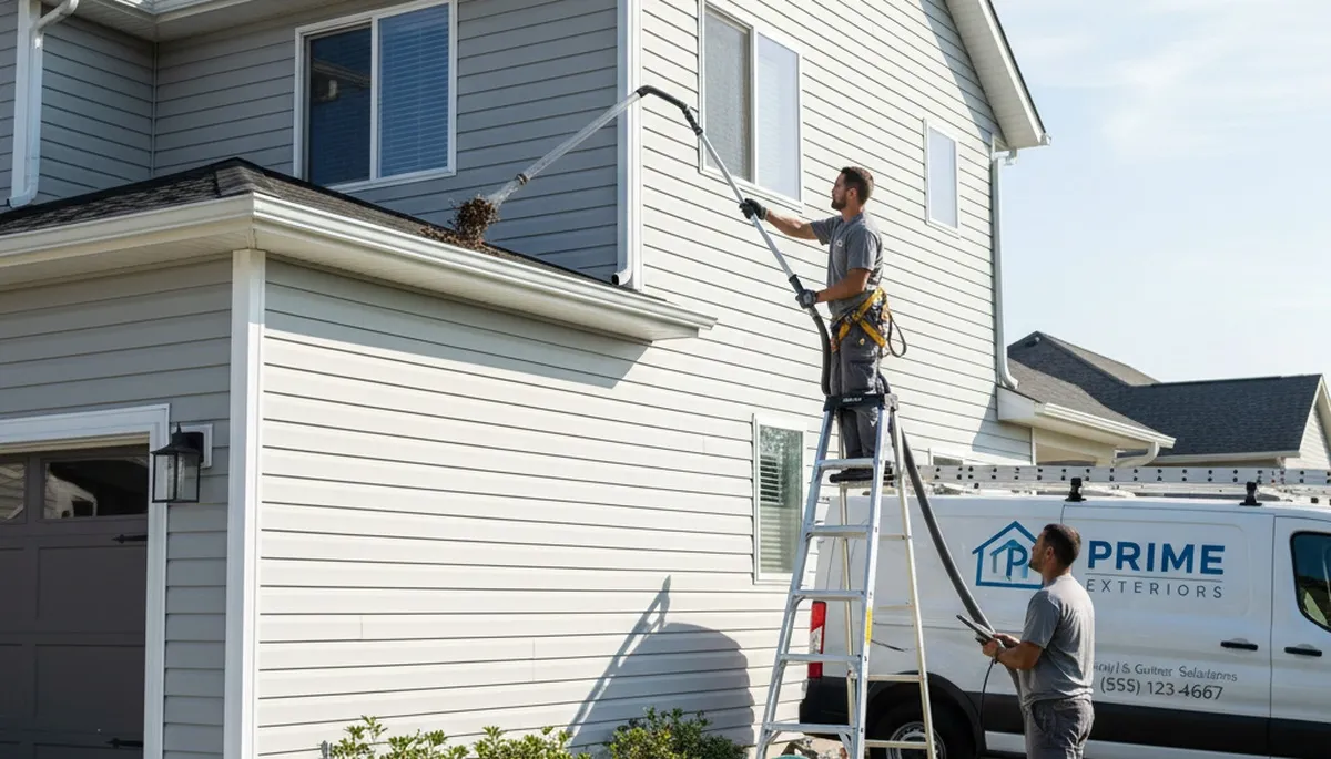 Technician performing gutter cleaning on vinyl siding home in Vancouver, WA