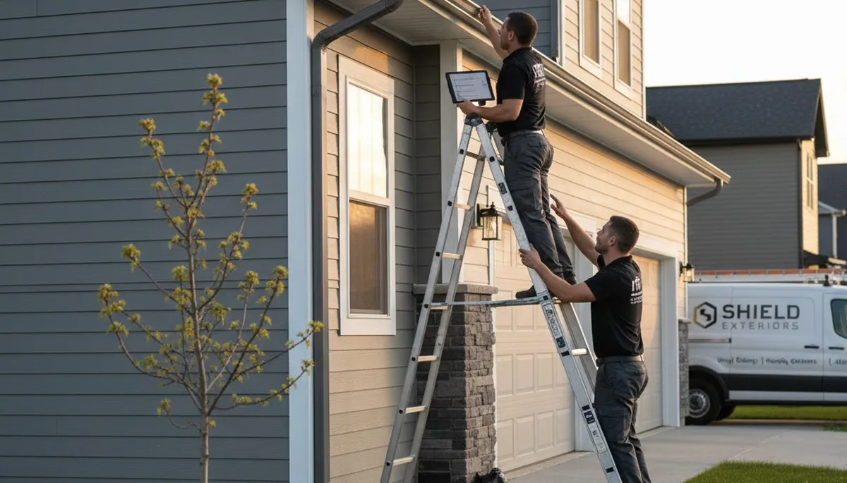 Technician performing gutter inspection on vinyl siding home in Vancouver, WA