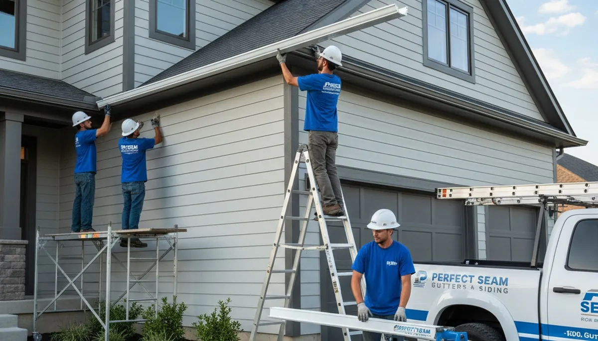 Technician installing seamless gutters on vinyl siding home in Vancouver WA